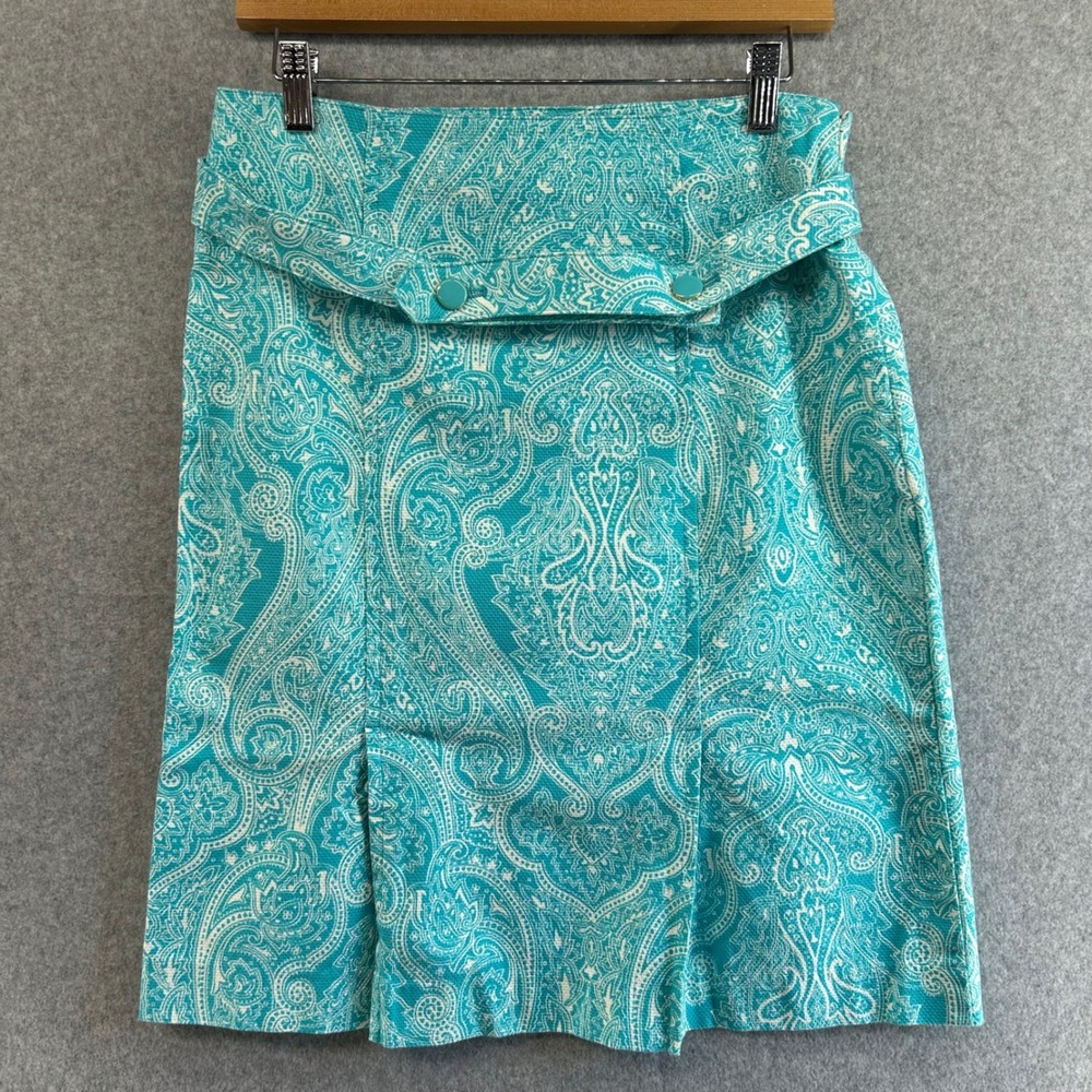 Talbots Paisley Pencil Skirt Turquoise Blue White Belted Preppy Womens‎ Size 4